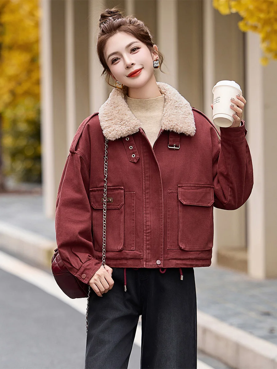 Ankela красное джинсовое пальто плюс бархатное женское короткое 2024 зимние