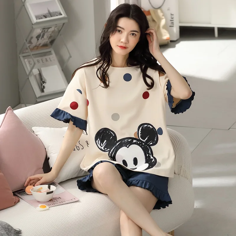 New Sleepwear Cartoon Cotton Pajamas for Women Short Pants Short Sleeved Summer Pajamas Set Fashion Home Clothing Homewear