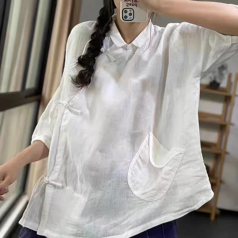 

SuperAen/Новинка 2023 года; Хлопковый и льняной топ в винтажном стиле; Свободная Однотонная рубашка с пуговицами и воротником-стойкой; Новинка; Китайская блузка на шнуровке