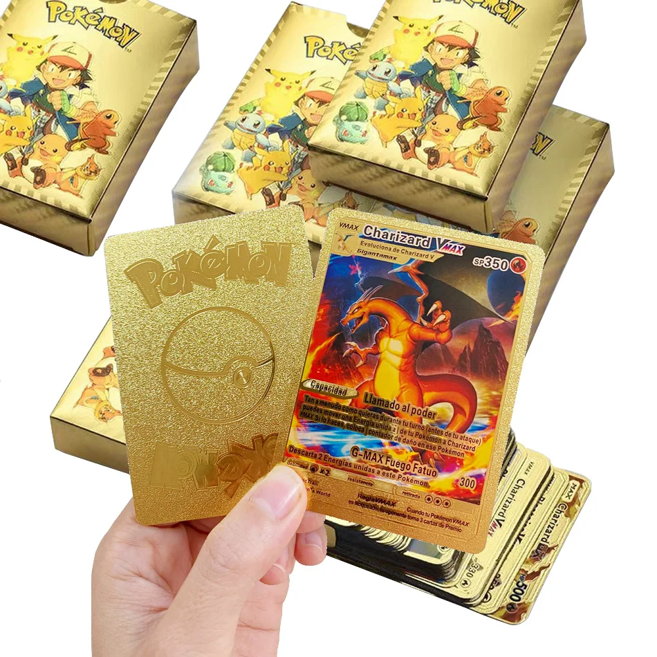 

55pcs Pokemon Metal Gold Card Box Golden Letters Spanish Playing Cards Metalicas Charizard Vmax Gx Collection Game Card Case Toy