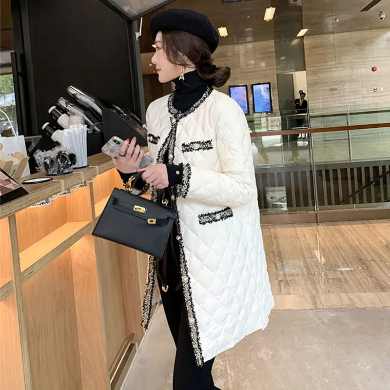 Women Elegant O Neck Button Lightweight Long Warm Outerwear Tassels Patchwork Female Black Padded Jacket 2023 Winter Wadded Coat
