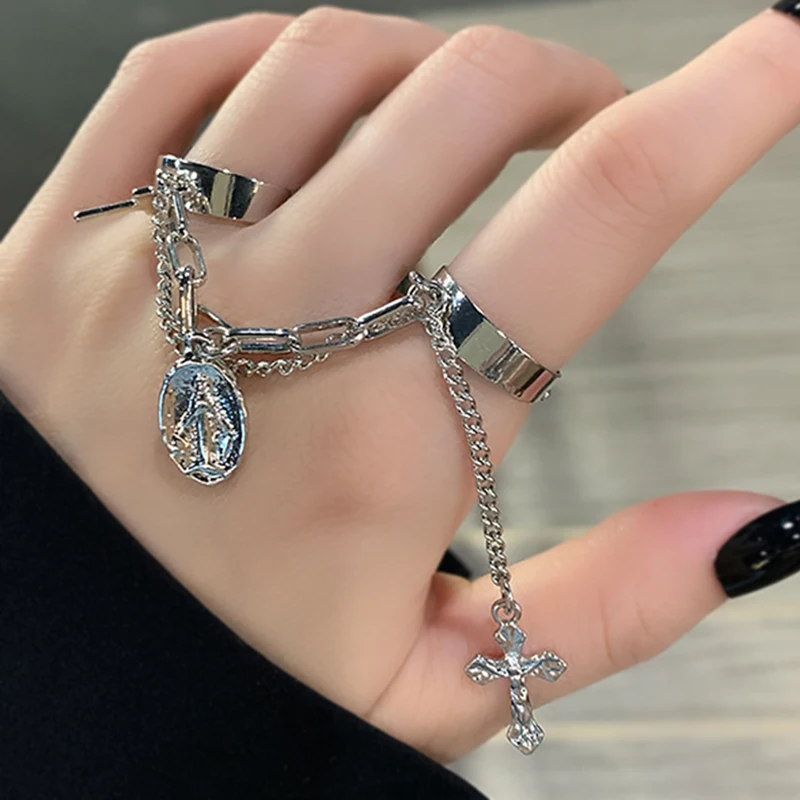 

Women Open Adjustable Link Chain Personality Cross Finger Rings Gothic Buddy Punk Hip Hop Heart Lock Rings Party Jewellery Gift