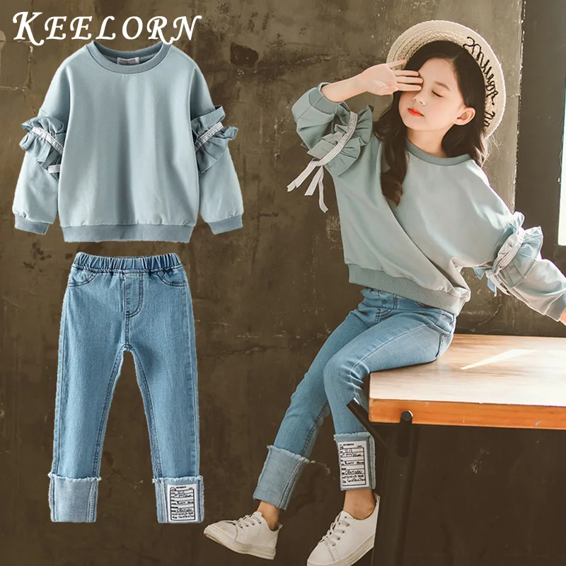 

Keelorn Teenage Girls Clothing Spring Autumn Children Suits Casual Top and Denim Pants 2PCS Teenager Clothes Sets For 4-13Y Girl