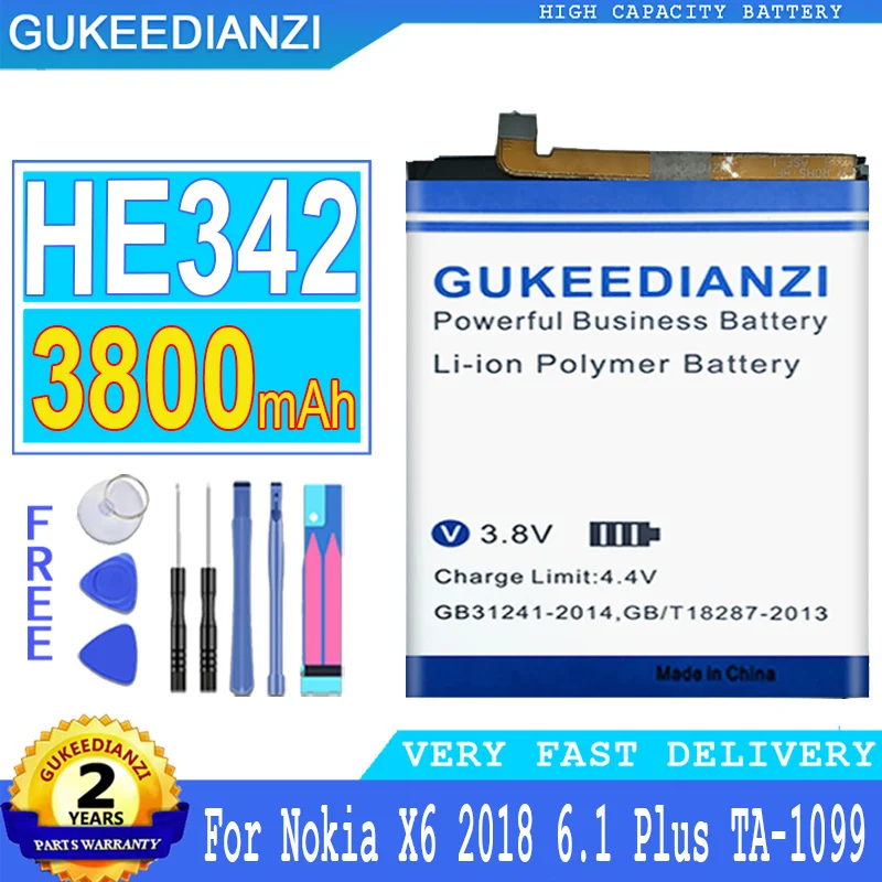 3800mAh GUKEEDIANZI Battery HE342  For Nokia X6 2018 6.1 Plus TA 1099 X5 TA 1109 5.1 Plus 5.1Plus Big Power Bateria+ free tools