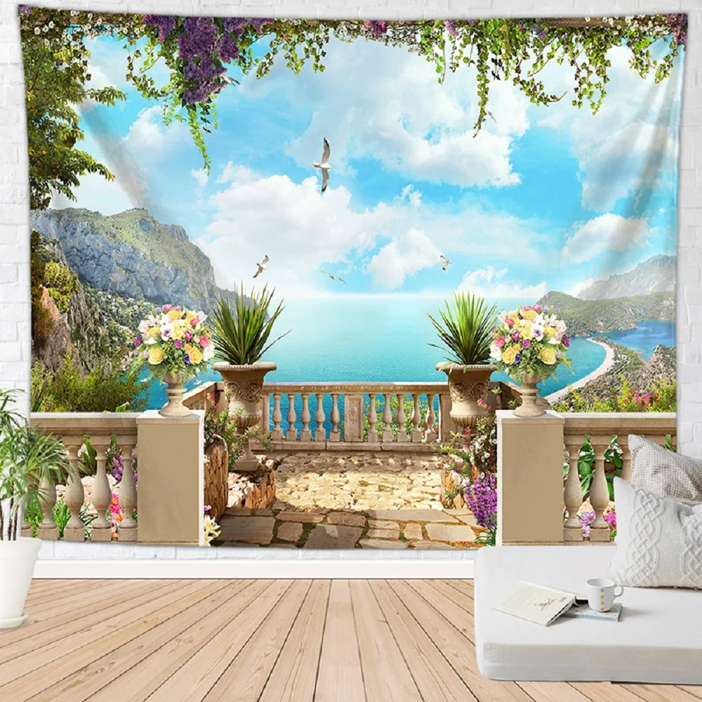 

3D Ocean Balcony Flowers Mountain Tapestry European Garden Nature Scenery Tapestries Bedroom Living Room Dorm Decor Wall Hanging