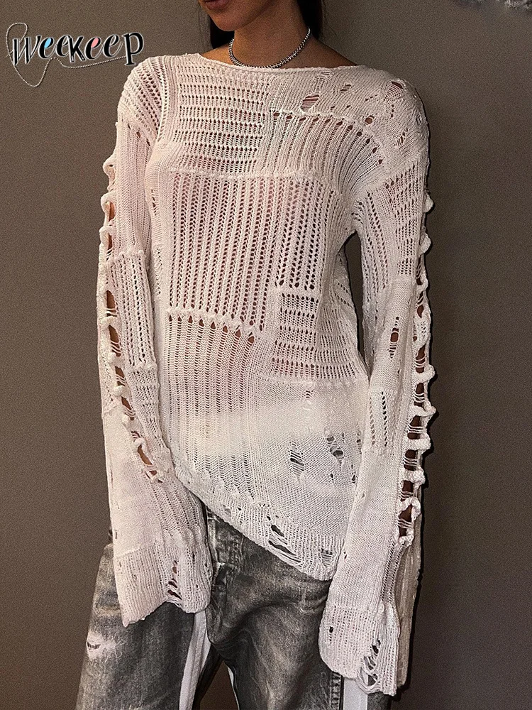 

Женский ажурный Свитер оверсайз, Повседневный пуловер с длинным рукавом, в стиле хип-хоп, y2k