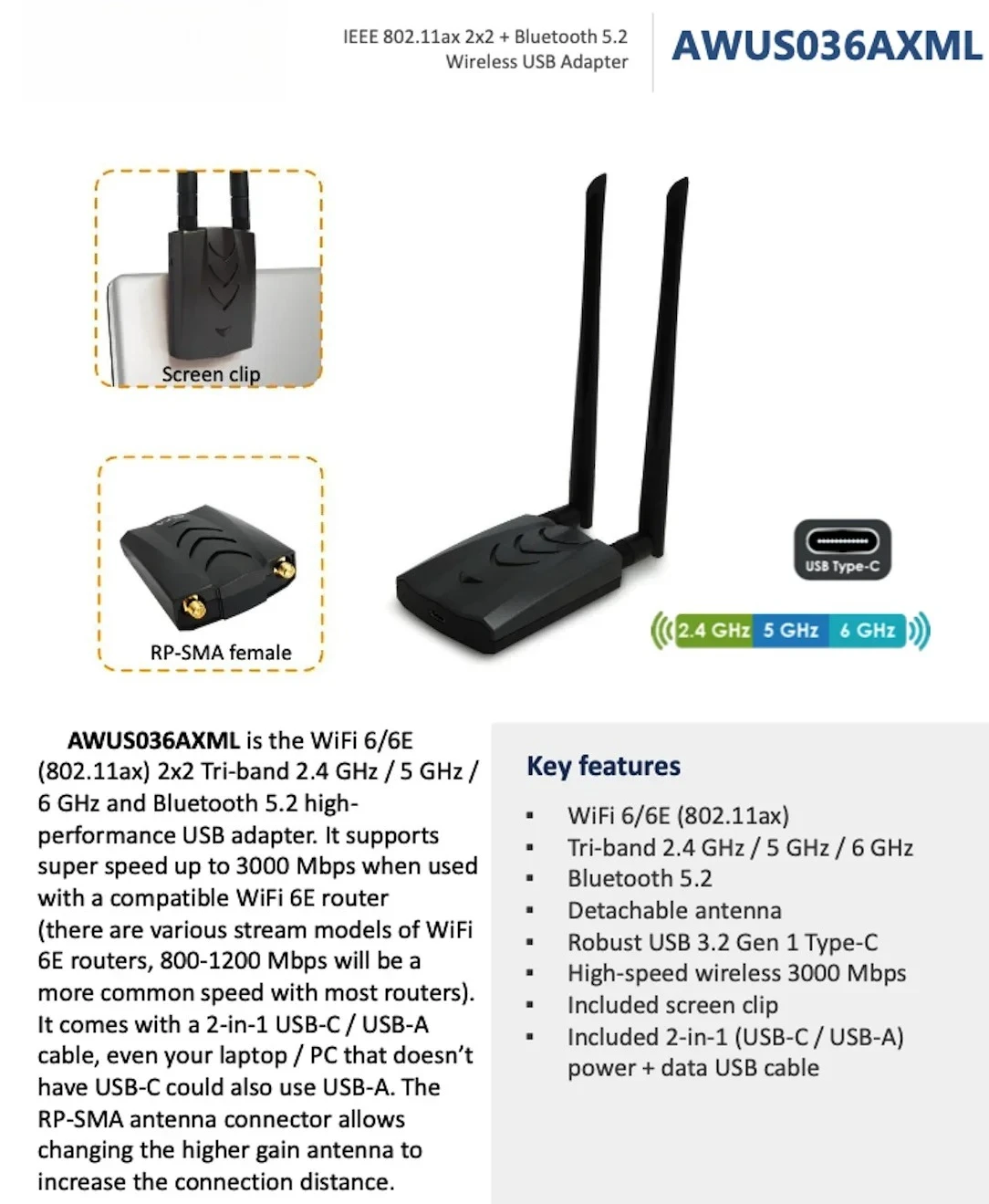 Фото Трехдиапазонная беспроводная карта Wi-Fi 6e, адаптер Wi-Fi, поддерживающий системы Windows/Kali Linux, Alfa Awus036axml №4
