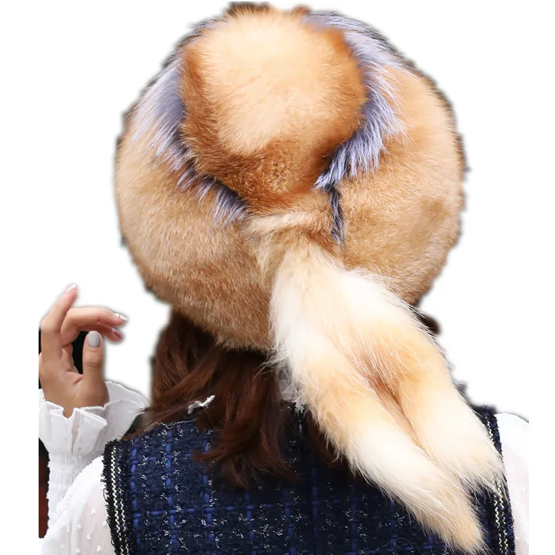 100% Genuine Fox Fur Hat Thick Fluffy Cap with Tail Tasssel Winter Warm Female Fashion For Women Hat with Earflap