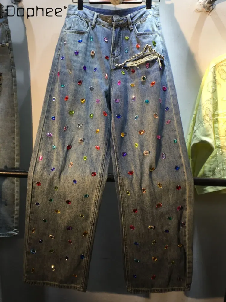 

Джинсовые брюки ручной работы в уличном стиле с бусинами и высокой талией, новинка весны 2023, женские прямые джинсы с бусинами для похудения