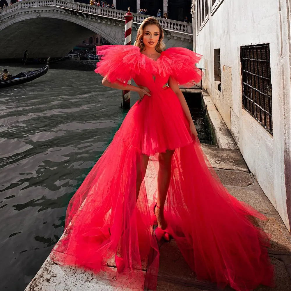 

New Style High Low Prom Dress 2023 V Neck Puffy Shoulder Layers Girls Birthday Party Gown Holiday Formal Wear Plus Size Woman