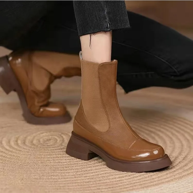 

High Quality Autumn Fashion Mid Calf Boots Thick Bottom Square Heels Women Knight Boots Woman Leather Shoes Modern Boots 35-40
