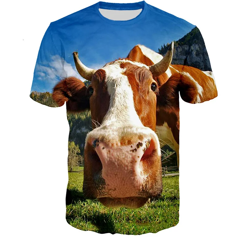 Funny Kids T-shirts 3D Printing Cows Grassland T Shirt for Men Summer Casual Kawaii Boys Girls Tops Round Neck Womens Clothing