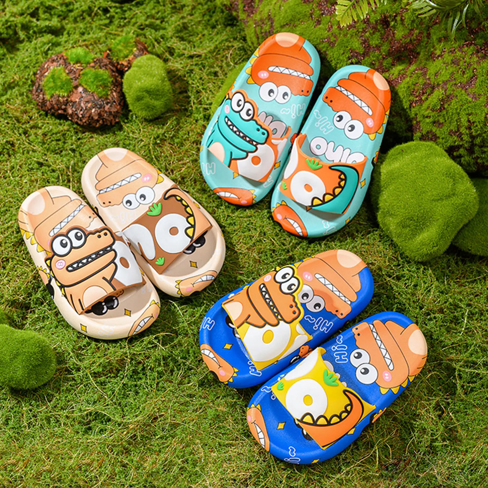 

Сандалии Детские с мягкой подошвой, Нескользящие, мультяшный маленький динозавр, ПВХ, тапки для ванной комнаты, ощущение ног