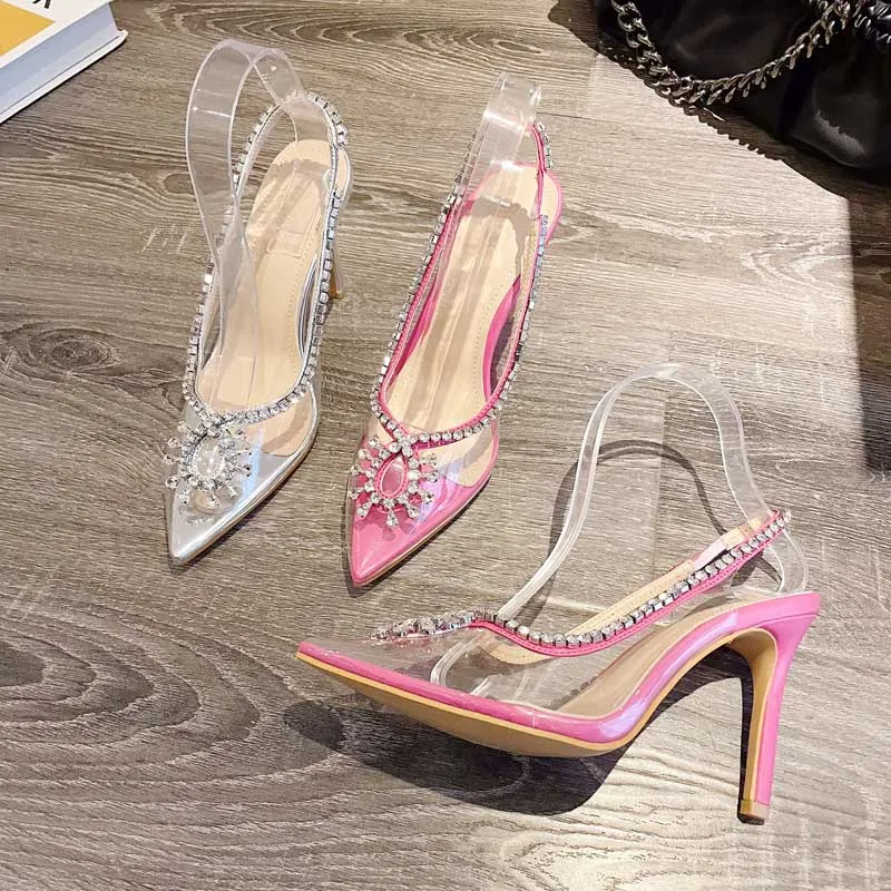 Women's transparent sandals 2023 pointed high heel rhinestone chain crystal French PVC wrapped thin heel banquet muller shoes