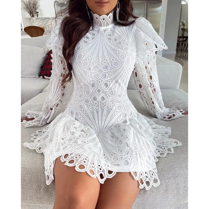 

Women's White Lace Hollow Out Mini Dress High Street Clothing Temperament Commuting Women Fashion Long Sleeved A-line Dresses