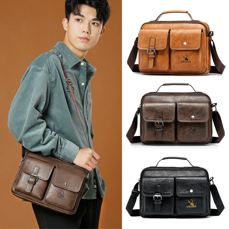 

Small Shoulder Bag for Man Male Vintage Leather Messenger Briefcase Handbag Business Tote Boston Breifcases Square Crossbody Bag