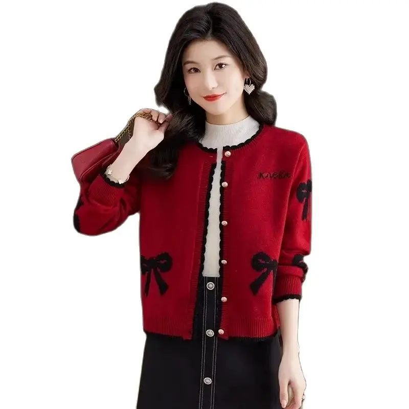 2024 весна-осень новое красное вязаное пальто женский кардиган короткая маленькая