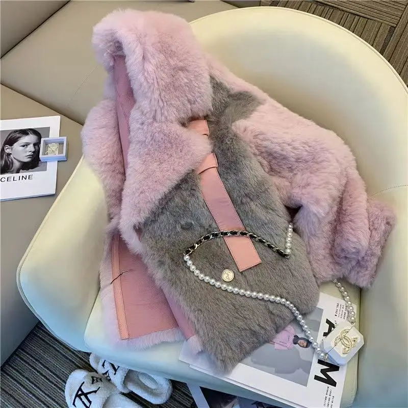 

Fashion Contrast Color Stitching Faux Fur Coat Women's 2022 Autumn And Winter New Western Style Warm Short Lamb Wool Top