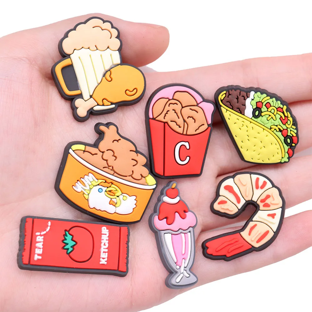 1PCS PVC Cute Cartoon Shoe Charms Kawaii Food Pizza Ketchup Fried Chicken Beer Shrimp Coffee Drinks Burgers Sushi Croc - купить по