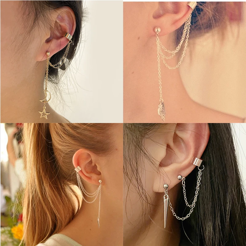

2022 Fashion Geometric Butterfly Clip Earring For Teens Women Ear Cuffs Cool Jewelry Retro Chain Long Hanging Earings Metal Gift