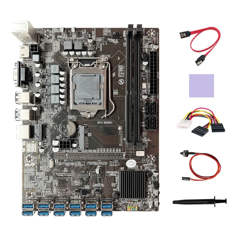 

HOT-B250C BTC Miner Motherboard+4PIN To SATA Cable+Switch Cable+SATA Cable+Thermal Grease+Thermal Pad 12 USB3.0 For ETH