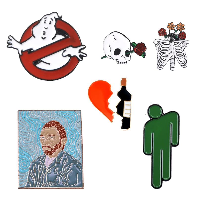 

Fashion Creative Love Red Wine Stitching Combination Skull Rose Brooch Van Gogh Cartoon Enamel Pin Bag Jewelry Accessories Gift