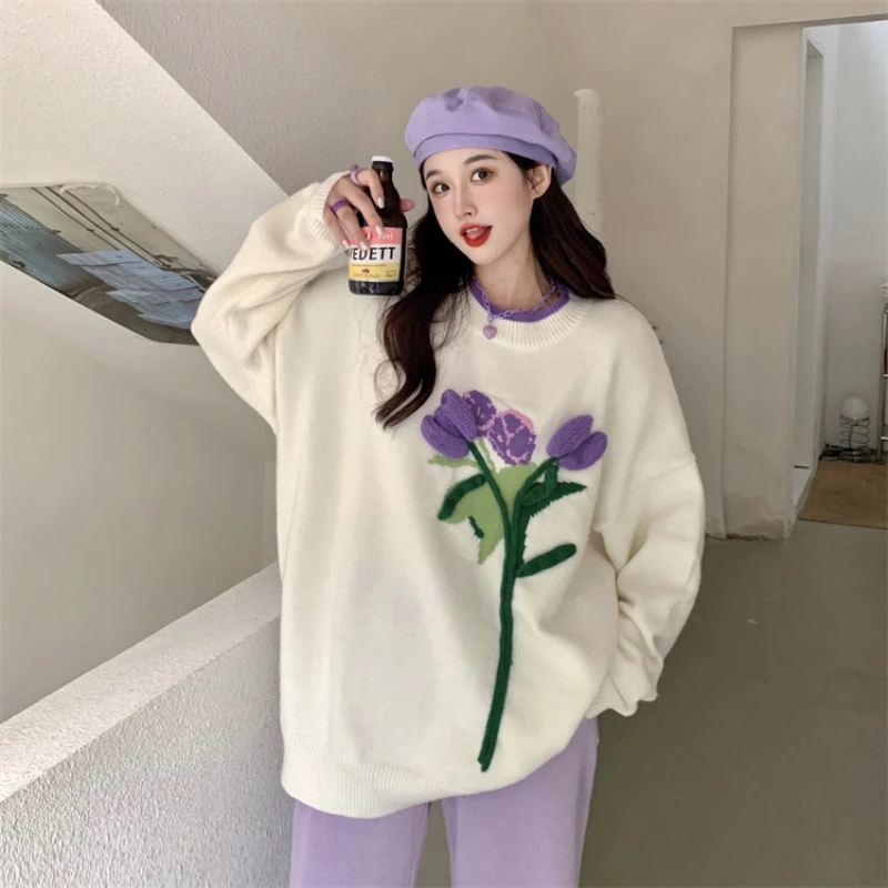 

DAYIFUN Autumn Winter O-neck Floral Embroidery Pullover Sweater Female's Basic Sweet Casual Loose-fitting Puff Sleeve Jumper