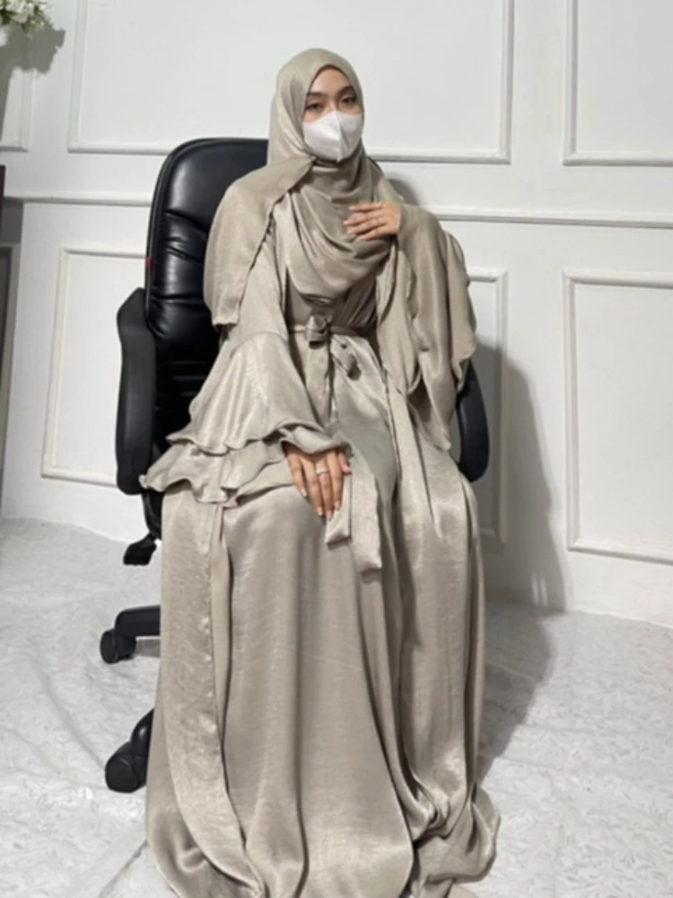 Открытая Абая комплект из 2 предметов скромное атласное исламское платье с