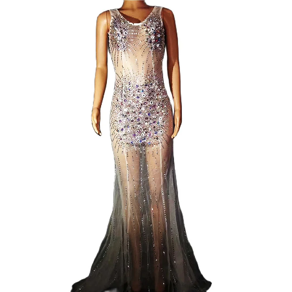 

Shining Rhinestones Women Mesh Perspective Dresses Backless Voile Mermaid Long Dresses Nightclub Singer Dance Stage Wear