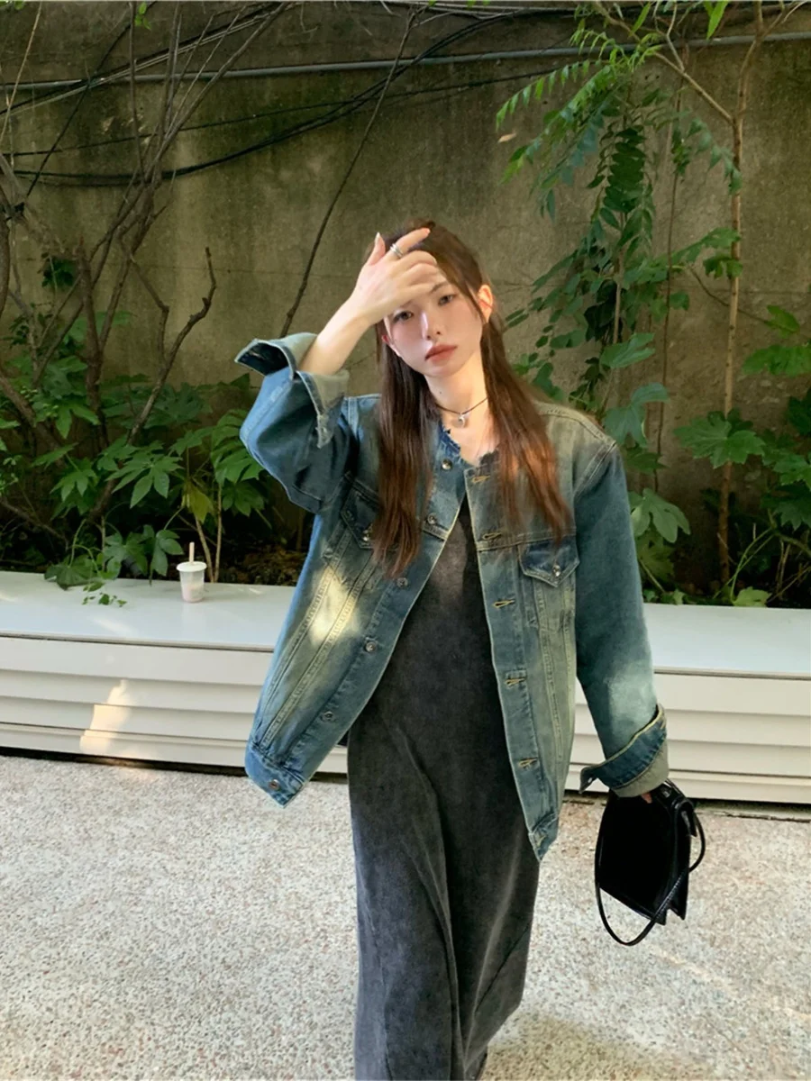 R Studio корейская серия Idle Sle ретро стираная верхняя одежда джинсовое облегающее