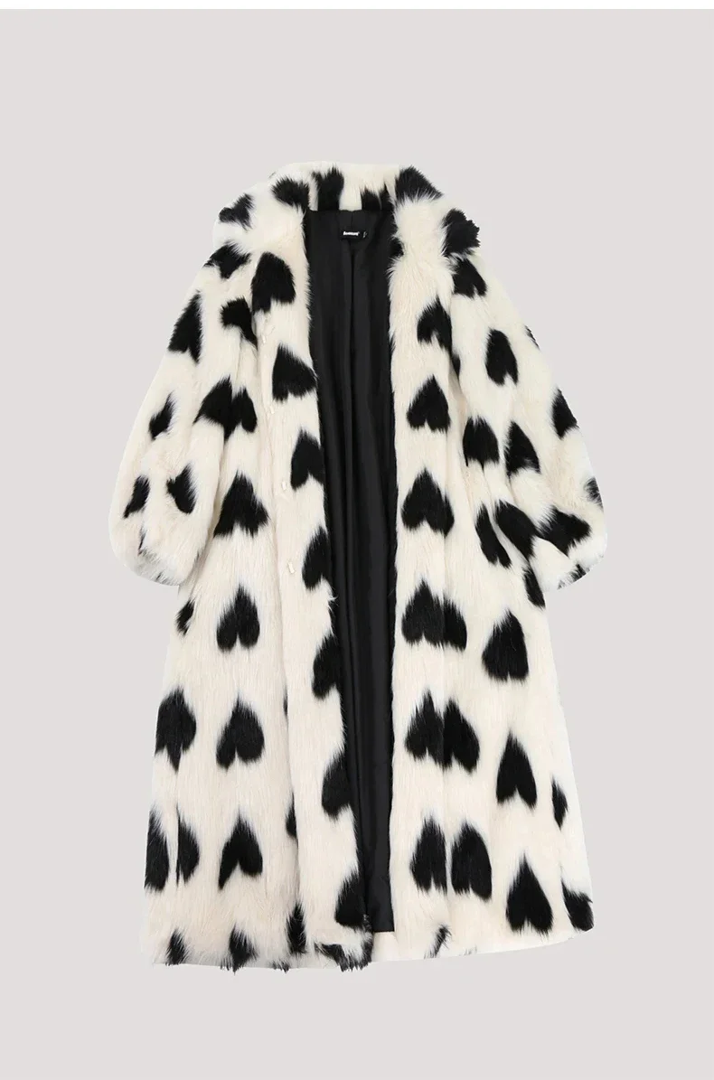 Love Pattern Imitation Fur Coating Temperament Lady 2024 New Lapel Loose Fluffy Plush Long Winter Jacket Women