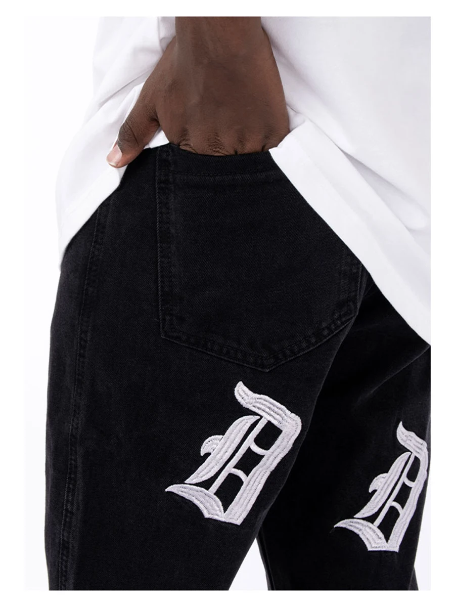 European and American Retro Embroidered Washed Jeans Tide Brand Hip-hop Straight Loose Trousers Men Y2K Men Jeans Streetwear