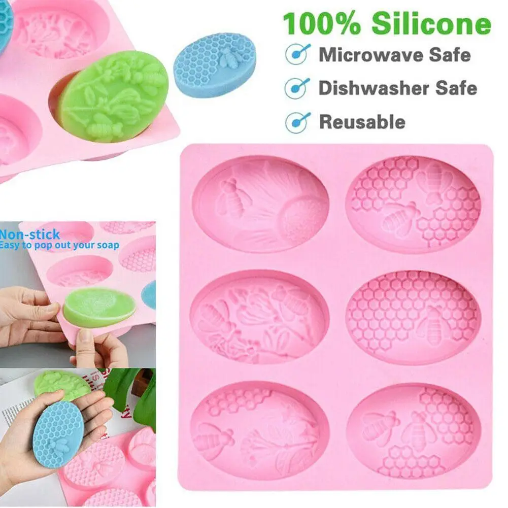 

New Healthy Materials Honey Bee Silicone Soap Mold DIY Handmade Craft 3D Soap Mold Silicone Oval 6 Forms Soap Molds Soap Making