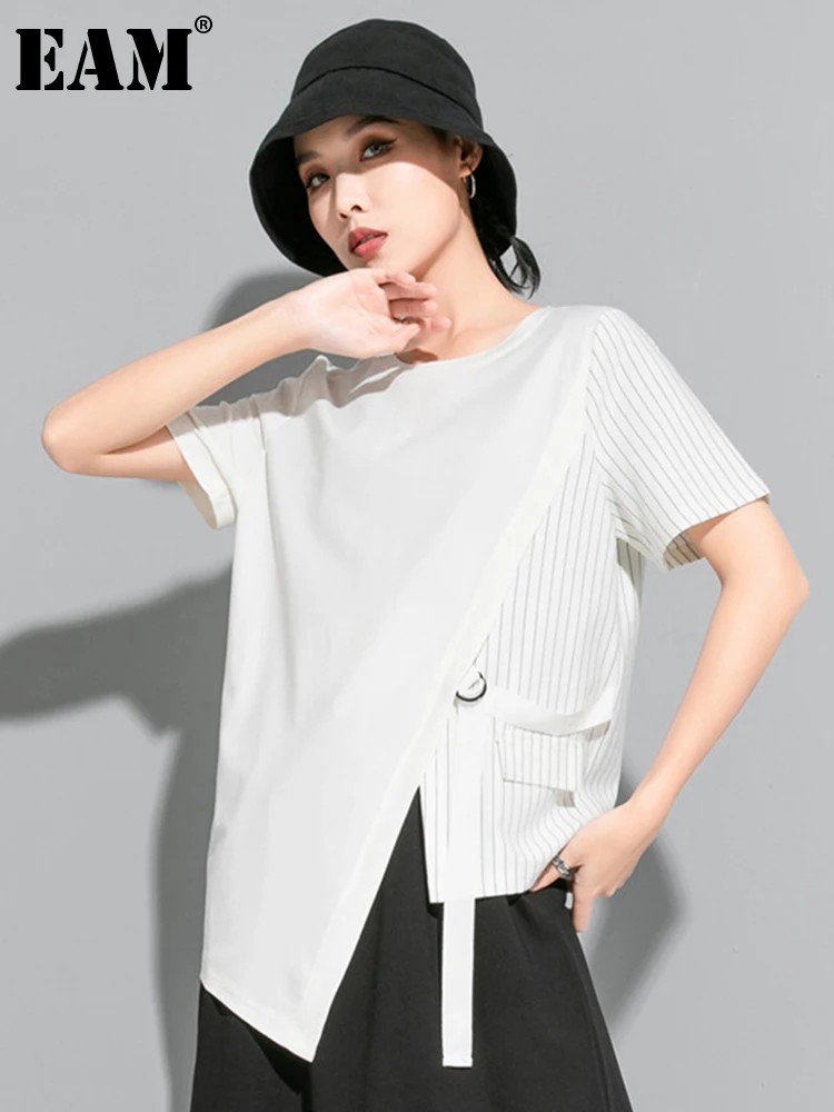 

[EAM] Women White Striped Irregular Split Joint T-shirt New Round Neck Short Sleeve Fashion Tide Spring Summer 2022 1U629