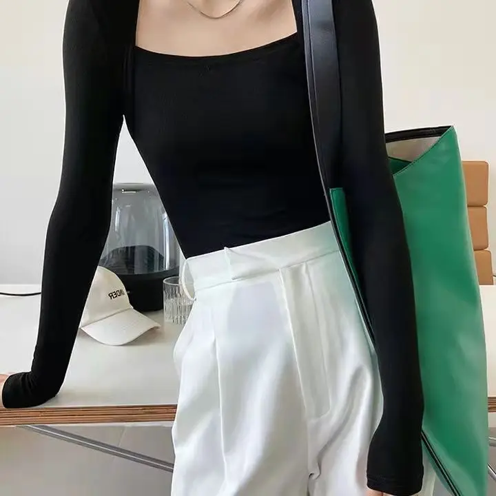 

Long Sleeve Cotton Sexy Top Tees T- shirt Femme Sweat Roupas Traff Slim Casual Bodycon Summer Autumn Women Fake Two Pieces Green