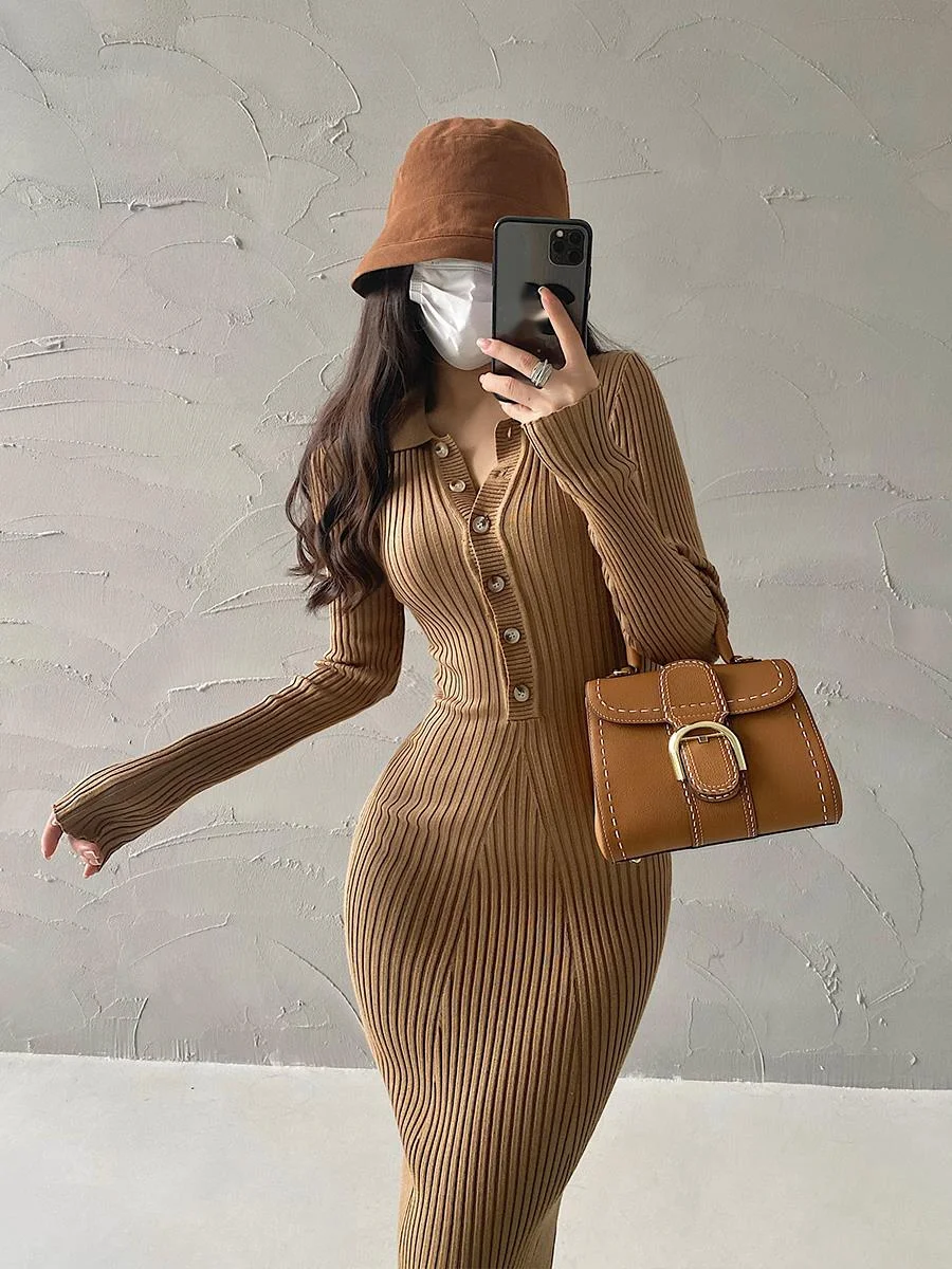 

Sweet Sexy Slim Polo Collar Long Sleeve Knit Slim Fishtail Maxi Dress Long Dresses Sweater Knitting Winter Tops 4N5Z