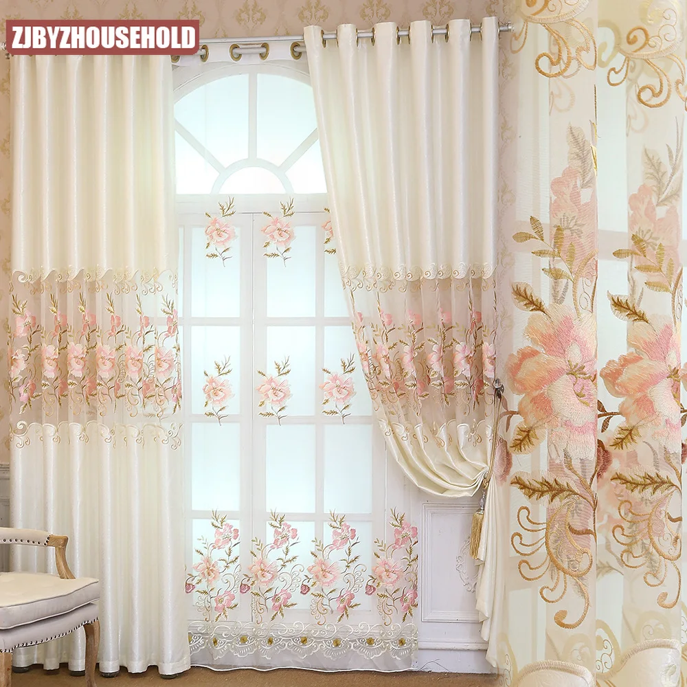 

European Elegant Curtains for Living Dining Room Bedroom New Flower Yarn Jacquard Fabric Product Customization Window Beige