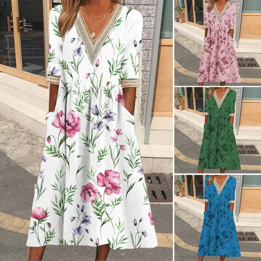 

Women Midi Dress Floral Print V-neck Lace Midi Dress with Pockets Women's A-line Streetwear for Summer Floral Print Long Dress