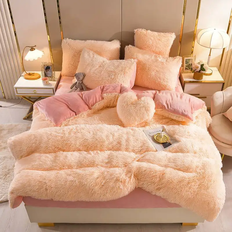 

Зимний теплый плюшевый Комплект постельного белья, милый норковый Бархатный комплект пододеяльников, простыни, наволочка, двойное одеяло, Комплект постельного белья, двойной размер
