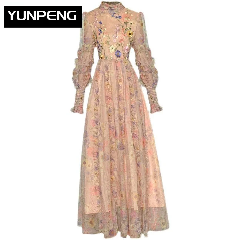 Dresses For Women 2023 Runway Luxury Brand High Quality Lantern sleeve Ruffle Floral Embroidery Print Maxi Party Mesh Dress