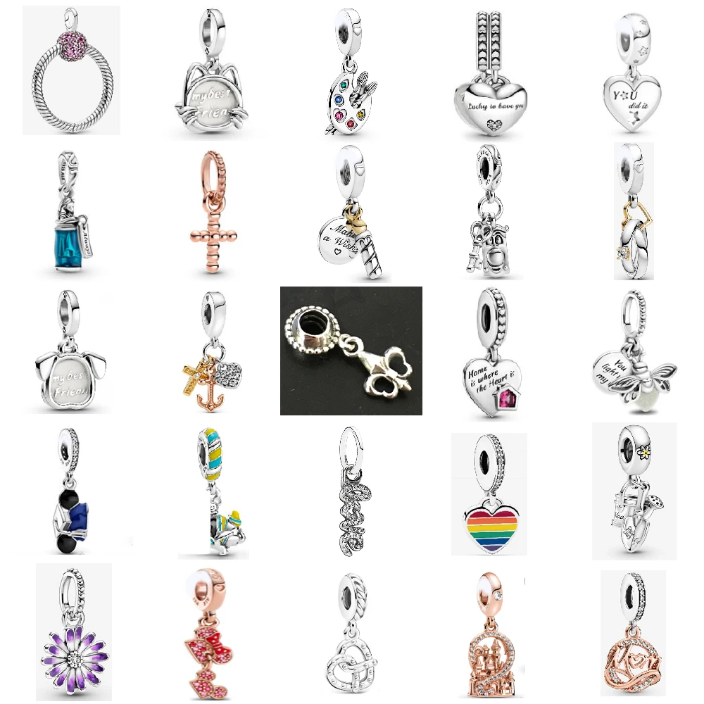 

EDELL 100% 925 Sterling Silver Moments Small Pink Pavé O rainbow heart purple chrysanthemum cute kitten puppy pendants