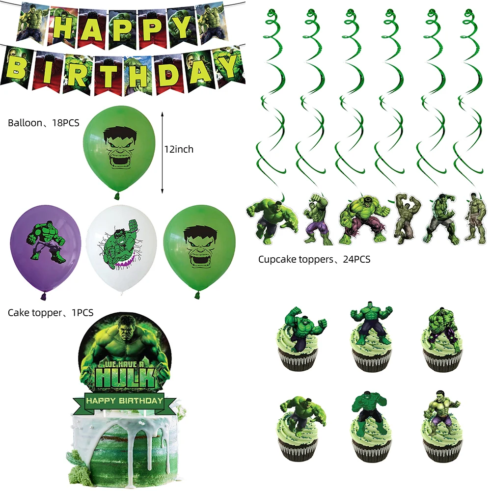 Super Hero Hulk Theme Birthday Party Decoration Balloon Banner Background Supplies Cake Toppers for Baby Shower Kids Toy Globos