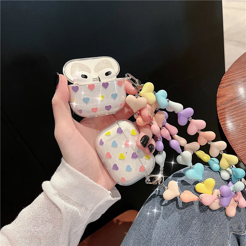 

Ins корейский Блестящий чехол для AirPods 1 2 3 Pro зарядная коробка Мягкий беспроводной Bluetooth-наушник защитный чехол с браслетом с бусинами любви
