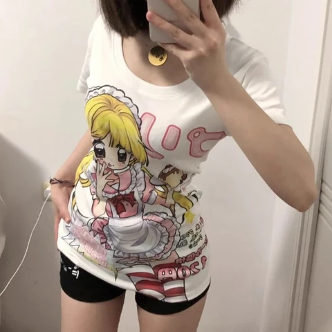 Футболки с аниме в японском стиле Deeptown, женские футболки Harajuku Kawaii с рисунком мультфильмов Y2k 2000-х годов, облегающие футболки Cutecore, эстетические