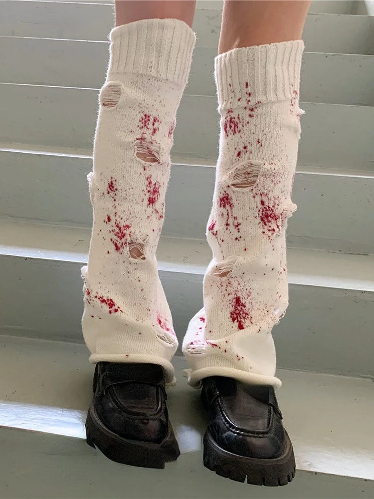 Winter Knitted Leg Warmers Gothic Y2K Harajuku Women Japanese Socks Ripped Blood Print Calf Socks Boots Cover Y2k Long Socks New