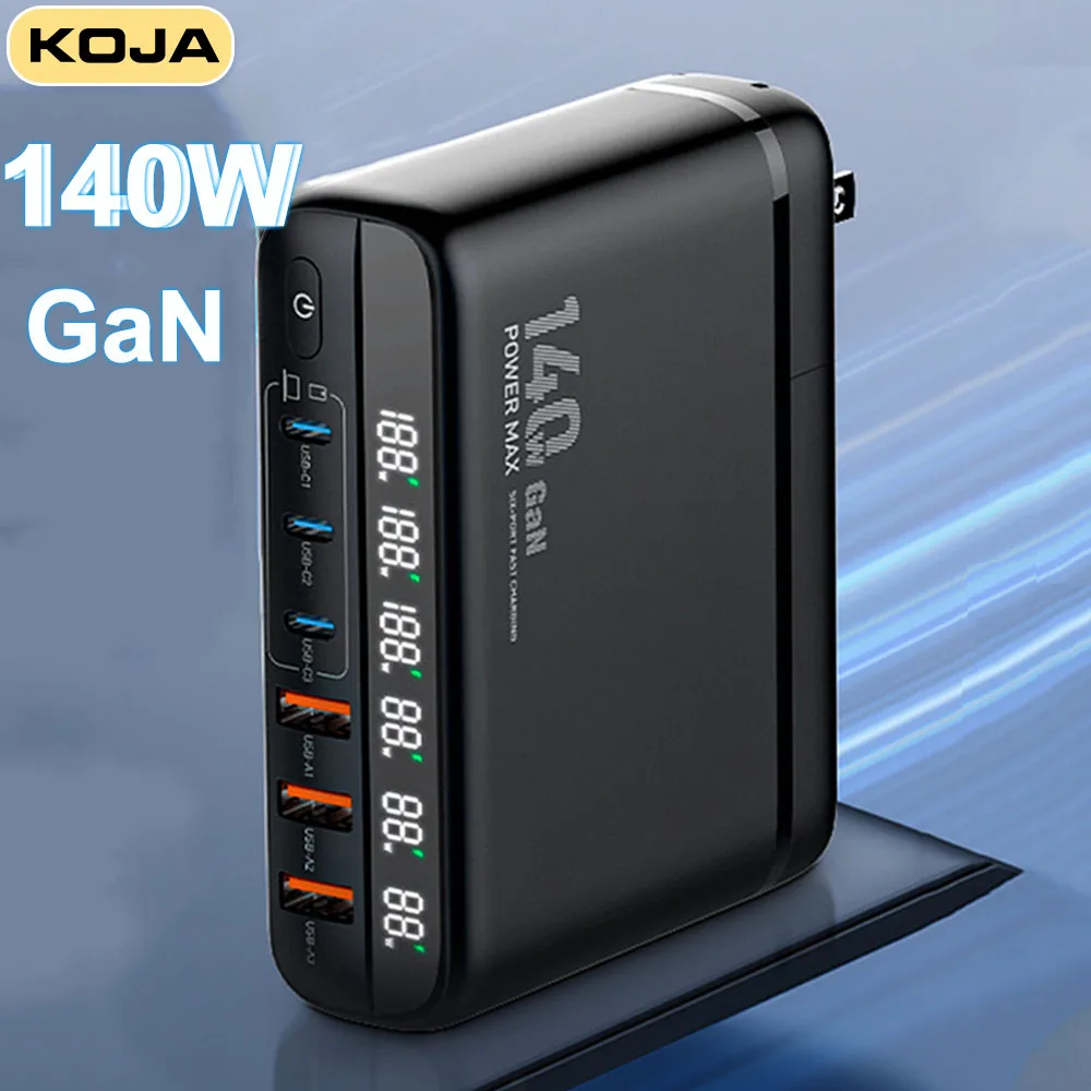 

KOJA 140W GaN Charger Desktop USB Charging Station 6 USB Port PD 100W 65W PPS Type-C Fast Charger For Macbook IPhone Samsung S22