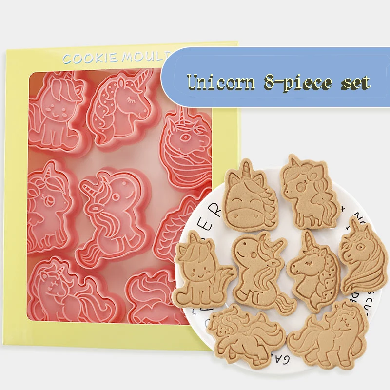 

8Pcs/set Unicorn Shape Cookie Cutters Plastic 3D Cartoon Pressable Biscuit Mold Cookie Stamp Kitchen Baking Pastry Bakeware Tool