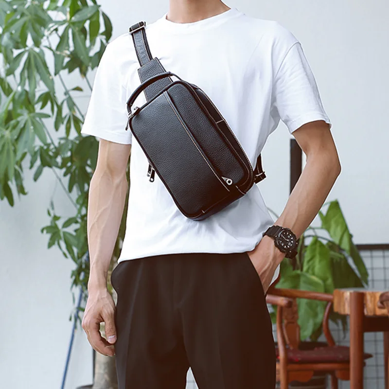 Fashion Chest Bag for Men Genuine Leather Sling Messenger Bag Shoulder Crossbody Bags Outdoor Male Daypack