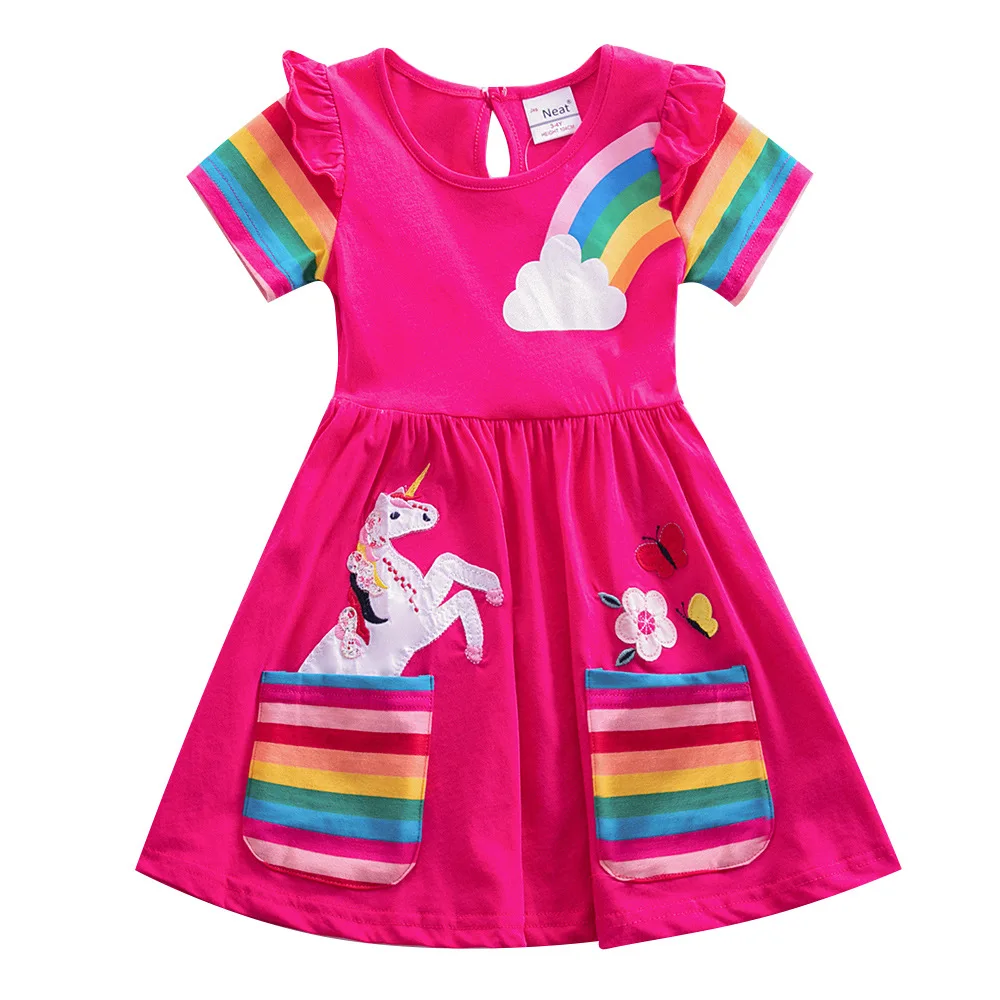 

Girls Party Dresses Children's Rainbow Short Sleeve Unicorn Pocket Dresses Kids Cartoon Birthday Party Dresses