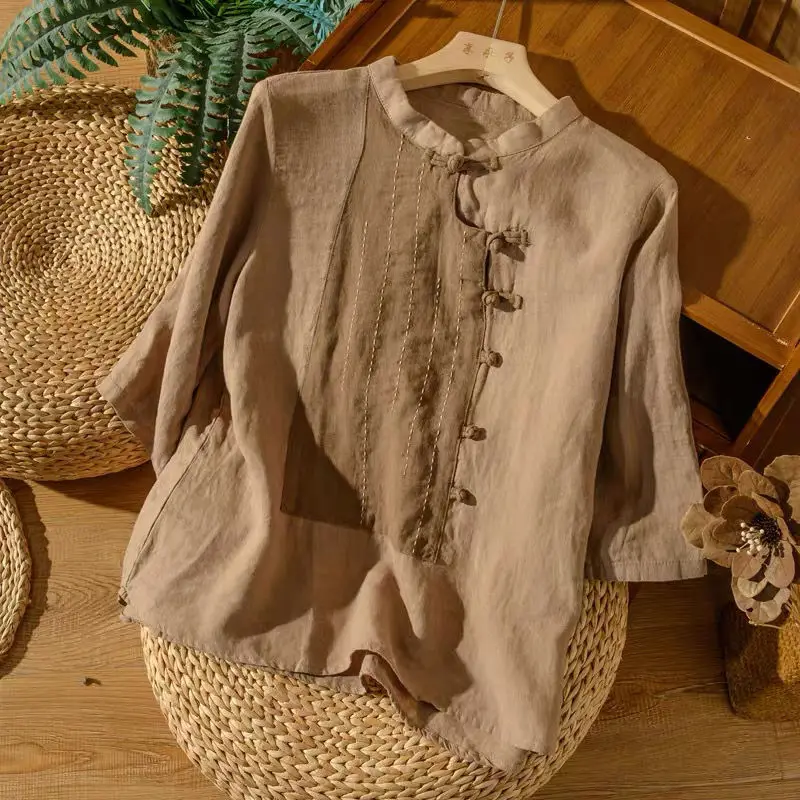 

2022 New Summer Arts Style Women O-neck Three Quarter Sleeve Embroidery Blouse Loose Patchwork Cotton Linen Casual Shirts P328
